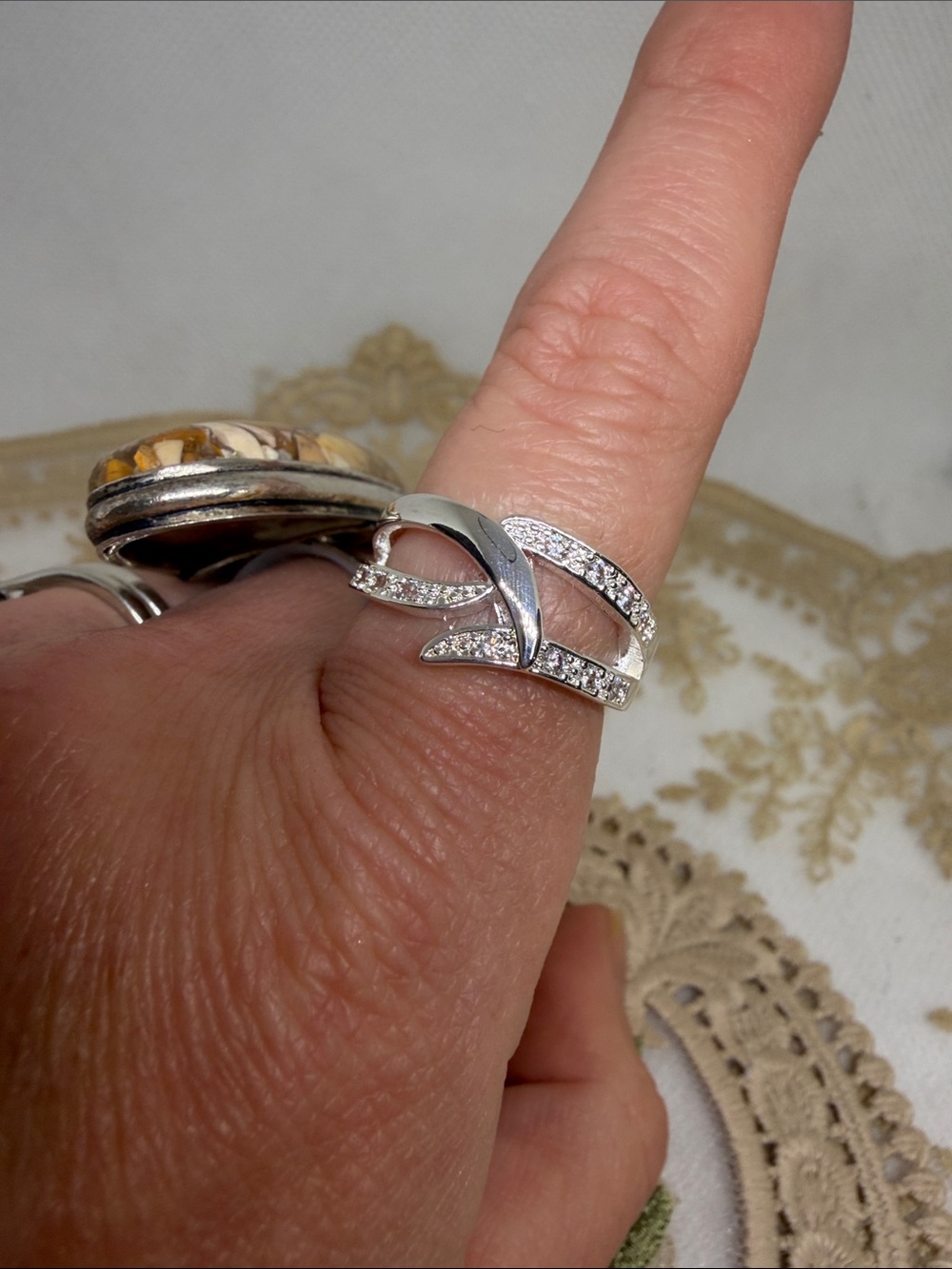 925 Sterling Silver CZ Sculptural Ring Size 7 80s Glam Vintage Inspired